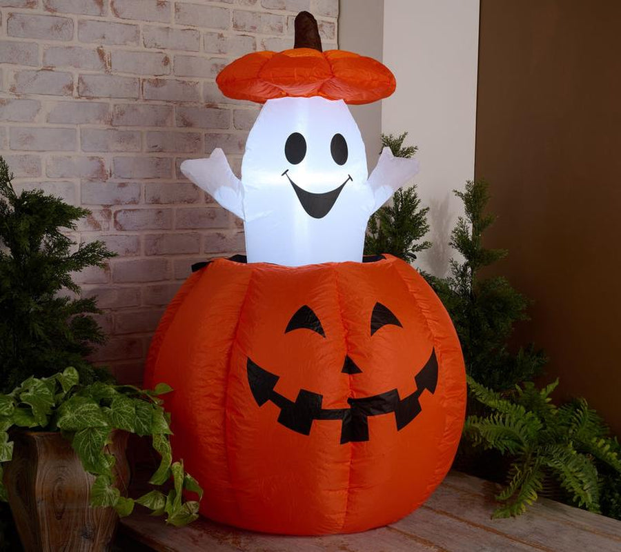 Hay & Harvest 48" Inflatable Peek-A-Boo Ghost with Jack-O-Lantern