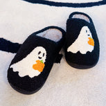 Spooky Ghost Cozy Slippers – Soft Black Slippers with Cute Ghost and Pumpkin Embroidery