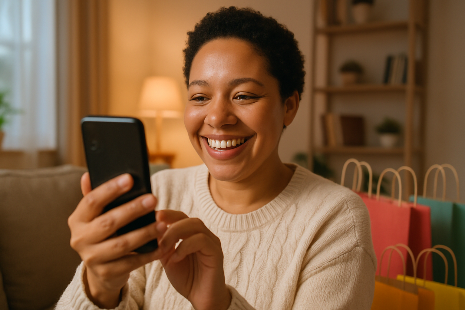 can you give me an image of someone smiling ordering goods online at their house with shopping bags in the background and them being on their phone with the phone turned towards their face?